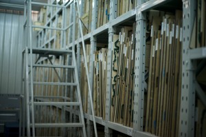 Racks of stored dies for cutting.