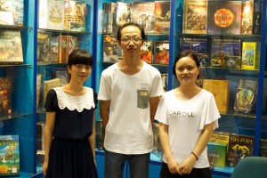 My guides to the Panda Games factory in Shenzhen: Sunshine, John, and Cherry.